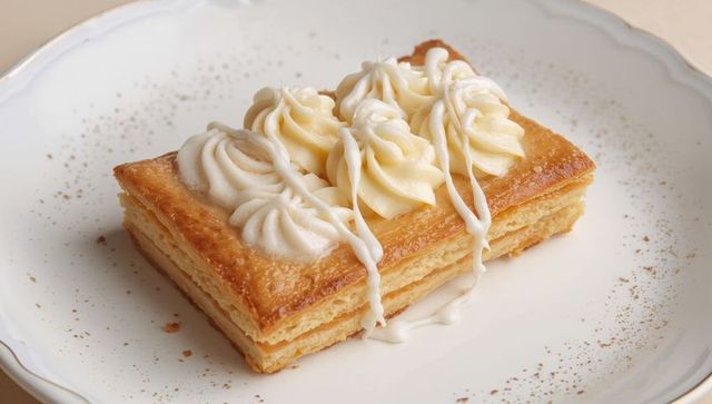 Classic millefeuille pastry with cream rosettes and white glaze on scalloped plate