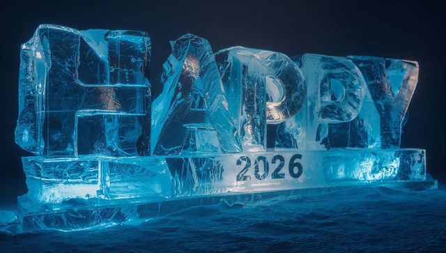 Glowing Ice Sculpture Spelling HAPPY 2026 Blue Light Night Winter Celebration