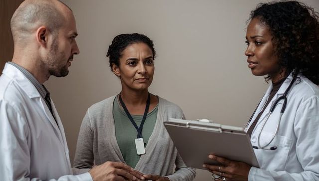 Doctors discussing patient care with medical device collaboration