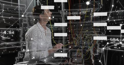 Female technician inspecting server rack with AR overlays and colorful network cables
