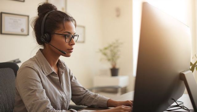Remote customer support specialist working at home desk with headset and large monitor