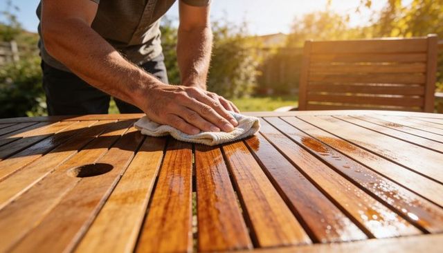 Wiping teak patio table with cloth in sunlit garden, outdoor furniture maintenance