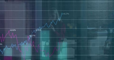 Businesswoman with Financial Chart Overlay in Modern Office