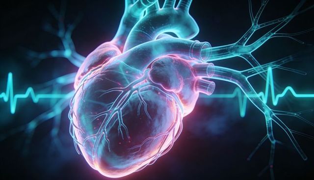 Pulsating neon heart model showing coronary arteries, aorta and turquoise ecg waveform