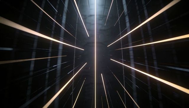 Futuristic vertical light shaft with amber streaks, grid perspective, cinematic symmetry
