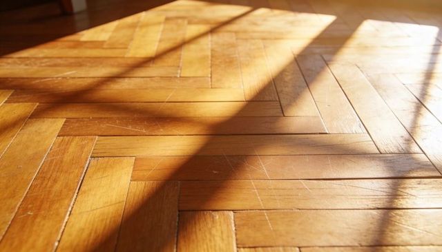 Sunlit Herringbone Parquet Floor Showing Scratches, Warm Woodgrain and Diagonal Shadows
