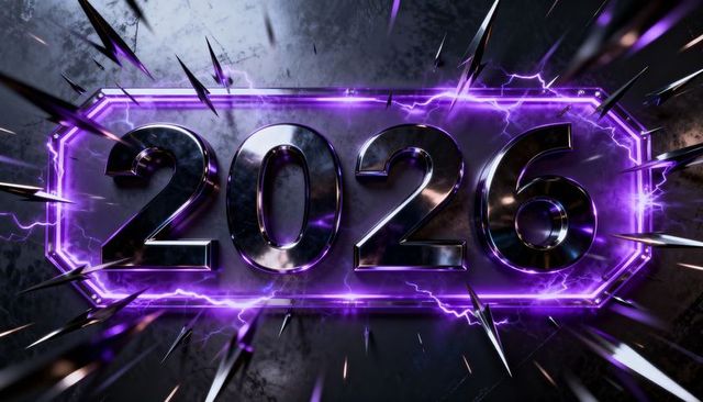 Futuristic chromed 2026 numerals with neon purple lightning and exploding metal shards