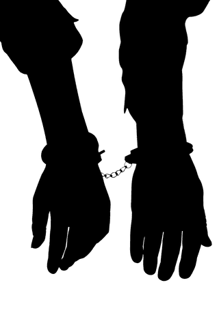 Silhouette hands in handcuffs on transparent background