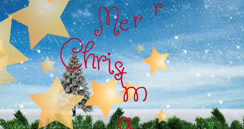 Whimsical Animation of Merry Christmas Greeting with Snowy Landscape