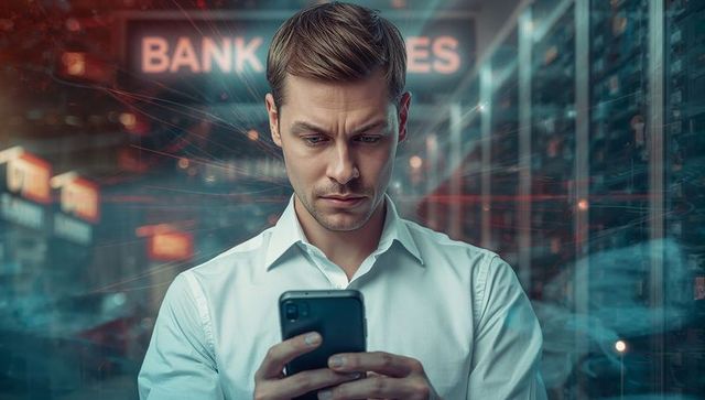 Businessman analyzing smartphone data in bank data center