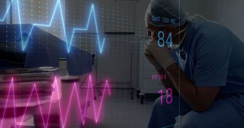 Exhausted doctor with heart rate monitor interface