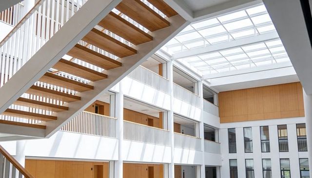 Minimalist open-riser wooden staircase diagonal through atrium with skylight shadows