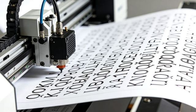Industrial printer head printing serif typography on large white sheet, precision printing