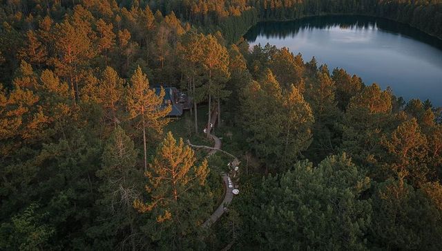 Sunlit boardwalk leading to hidden treehouse along serene forest lake at golden hour