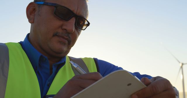 Engineer Conducting Wind Turbine Inspection, Writing Notes - Download Free Stock Images Pikwizard.com