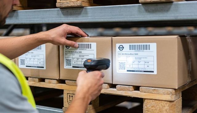 Warehouse worker scanning barcoded cartons on pallet racking for inventory and logistics
