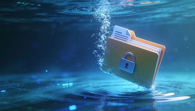 Floating locked folder protecting sensitive data underwater with padlock, circuitry