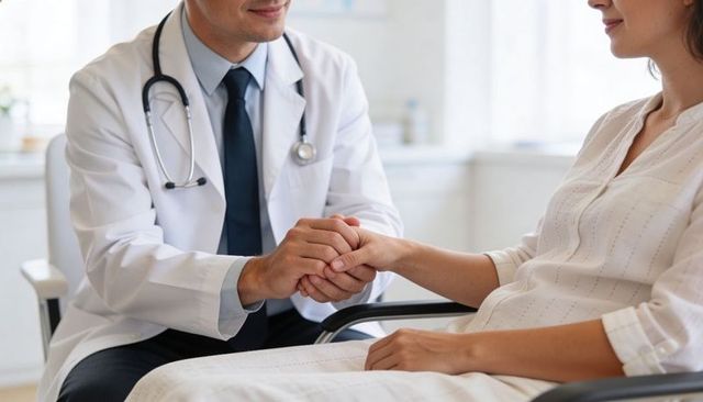 Doctor holding pregnant woman's hand offering reassurance during prenatal consultation