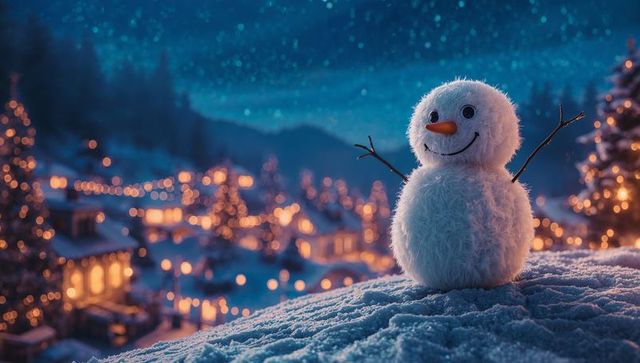 Cozy Snowman Overlooking Festive Village at Night