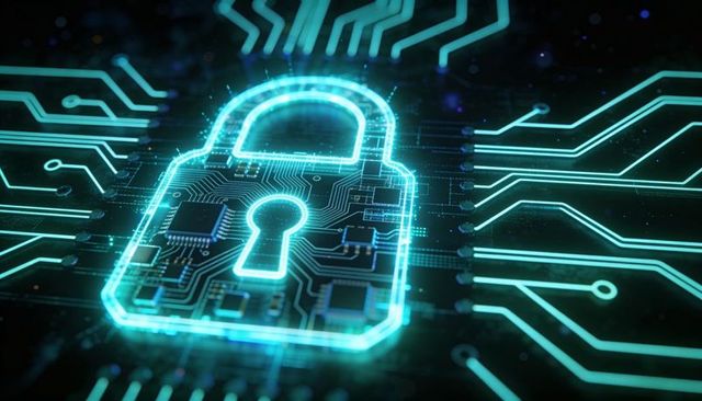 Glowing Neon Padlock Hologram Securing Digital Circuitry for Cybersecurity and Data
