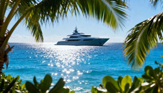 Luxury motor yacht cruising past palm-framed turquoise ocean with sparkling ripples