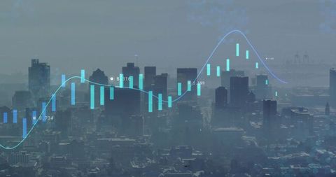 Urban skyline featuring financial candlestick bars and flowing trendline data overlay