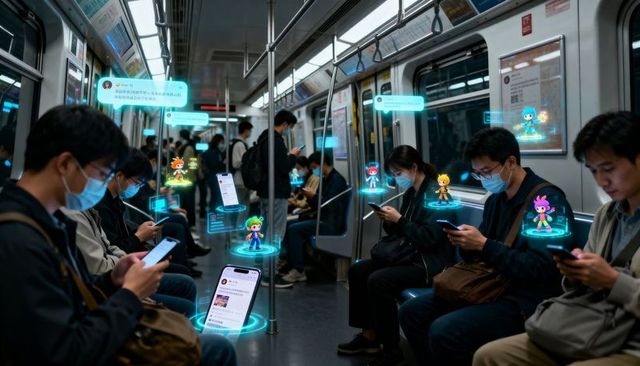 Masked commuters scrolling smartphones on metro with holographic ar avatars and apps