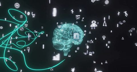 Wireframe Brain Visualizing AI Neural Network with Neon Dataflow and Connectivity Icons