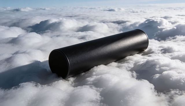 Matte black cylinder resting diagonally on sunlit cloudscape under blue high-altitude sky