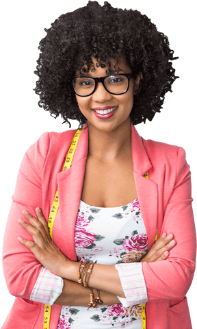 Confident fashion designer with tape measure on transparent background