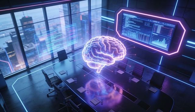 Neon holographic brain floating above conference table in futuristic ai command room