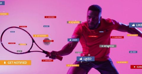 Dynamic tennis player with digital notification icons overlay