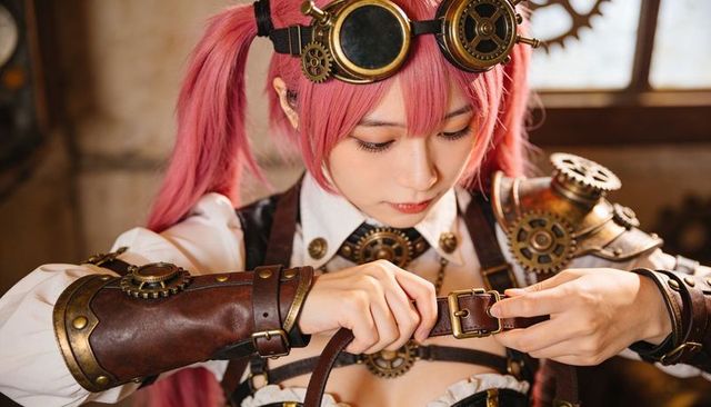 Steampunk cosplayer tightening harness with brass goggles and clockwork gears in atelier