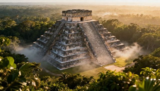 Sunlit mayan pyramid rising above jungle canopy with central staircase and morning mist