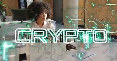 Woman Working on Cryptocurrency Project in Modern Office