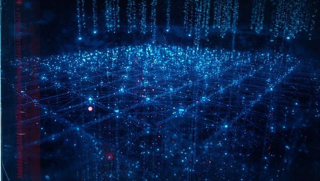 Futuristic digital network with streaming particles and red nodes