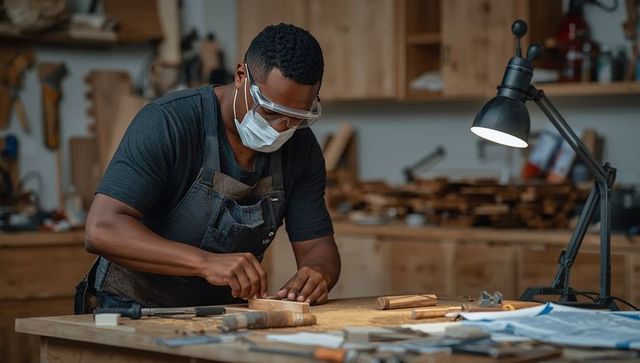 Dedicated carpenter meticulously shaping wooden block in workshop