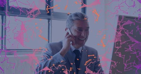 Businessman Discussing Innovation on Smartphone Surrounded by Digital Connections