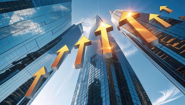 Golden arrows rising over skyscrapers in futuristic cityscape