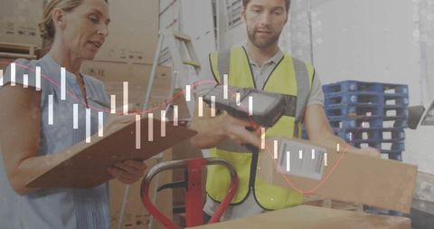 Warehouse staff scanning packages while supervisor holding clipboard with analytics overlay