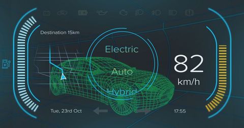 Futuristic car dashboard interface display with speedometer