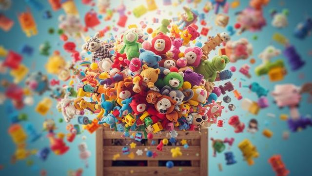 Colorful toy explosion bursting from wooden crate with plush bears blocks and pastel vibes