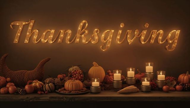 Glowing thanksgiving marquee casting warm glow over wood table with pumpkins and candles
