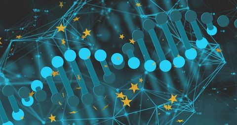 Futuristic DNA Data Network depicting Neon DNA Helix with Cyan Nodes and Gold Stars