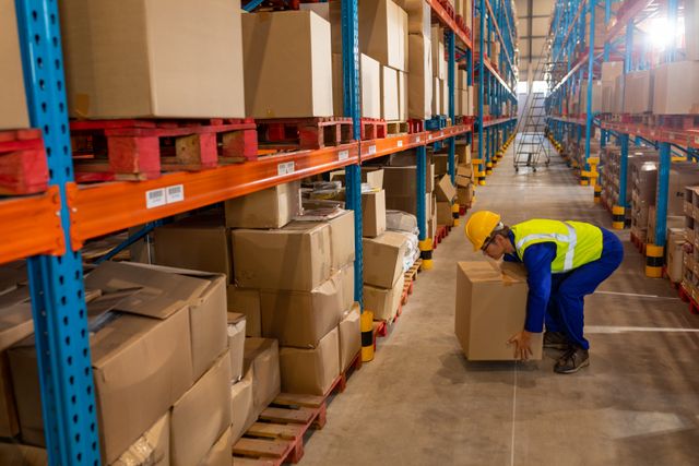 Warehouse worker lifting a cardboard box in a well-organized storage facility. Ideal for use in articles or advertisements related to logistics, shipping, warehouse management, and manual labor. Highlights the importance of safety and organization in industrial settings.