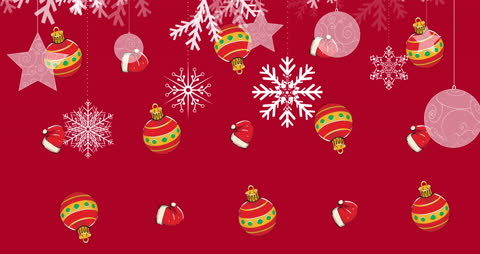 Festive Christmas Ornaments on Red Background with Snowflakes