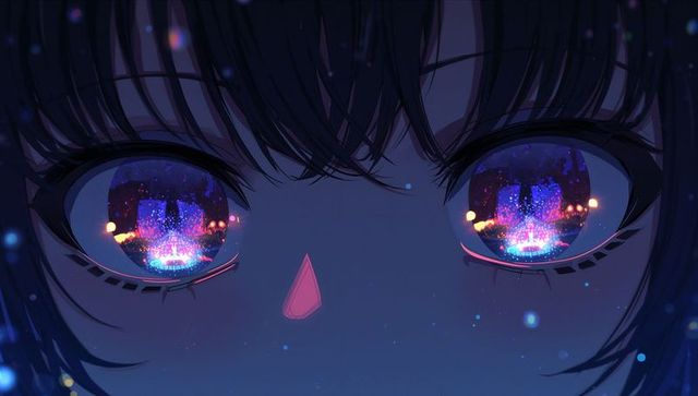 Close-Up Anime Eyes Reflecting Neon Cityscape and Nebula Glow, Dreamy Night Portrait