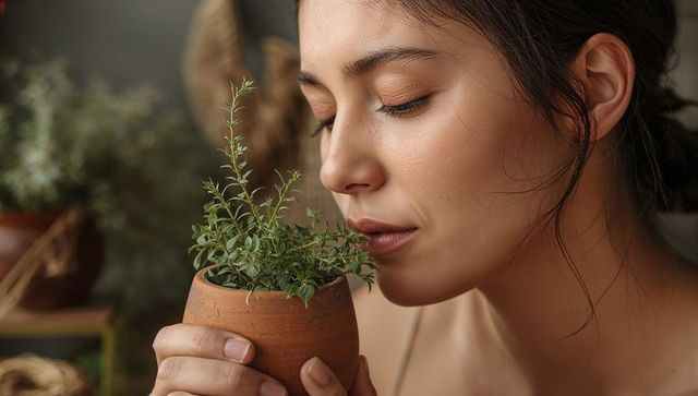 Asian woman smelling potted herb in terracotta pot close-up portrait natural skincare vibe