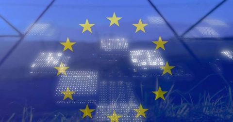 Eu flag overlaying solar farm digital grid with binary code and reflective panels