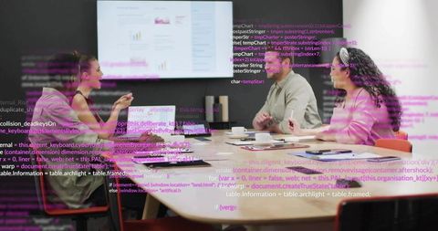 Team Collaborating in Modern Office with Digital Code Overlay